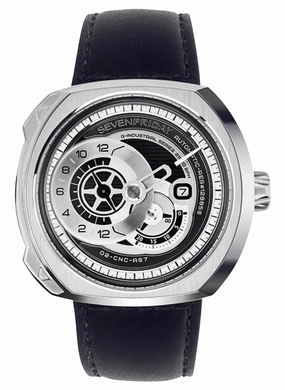SEVENFRIDAY Q-Series Automatic Stainless Steel Silver/Gray Dial Black Leather Strap Date Mens Watch Q1/03