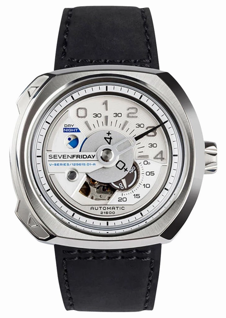 SEVENFRIDAY V-Series Automatic Stainless Steel Silver Dial Black Leather Strap Mens Watch V1/01