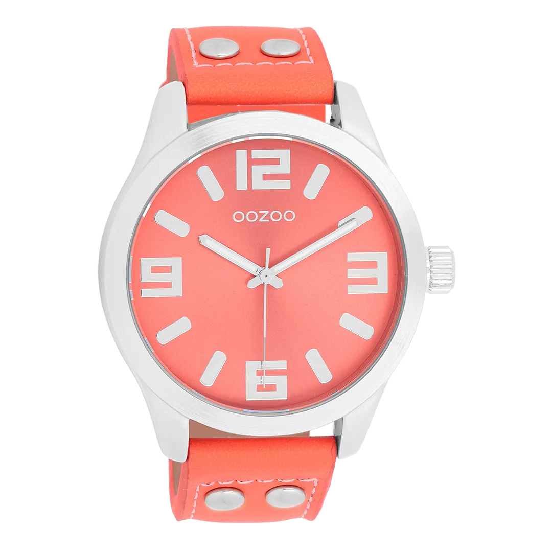 Silver coloured OOZOO watch with coral coloured leather strap - C1073