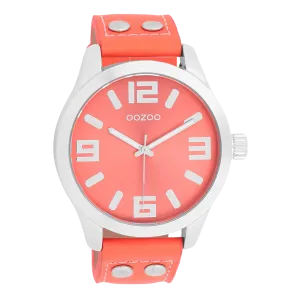 Silver coloured OOZOO watch with coral coloured leather strap - C1073