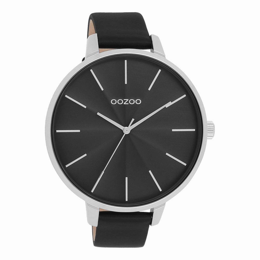 Silver coloured OOZOO watch with black leather strap - C11258