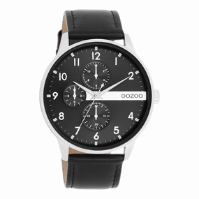 Silver coloured OOZOO watch with black leather strap - C11309