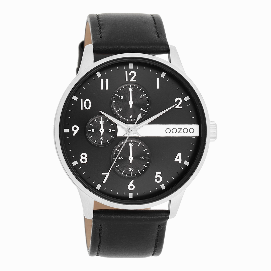 Silver coloured OOZOO watch with black leather strap - C11309