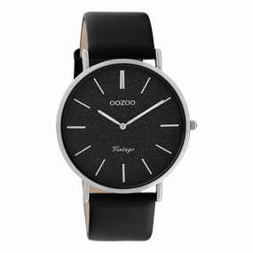 Silver coloured OOZOO watch with black leather strap - C20168