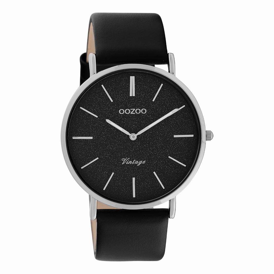 Silver coloured OOZOO watch with black leather strap - C20168