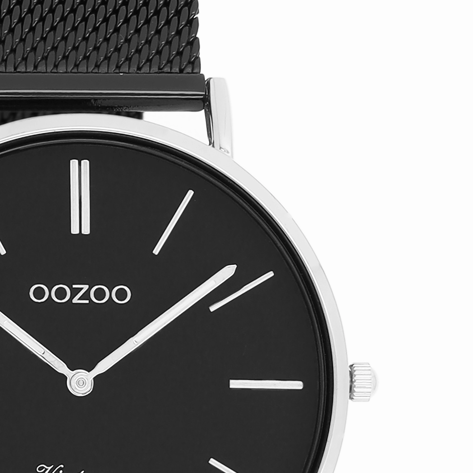 Silver coloured OOZOO watch with black metal mesh bracelet - C8865