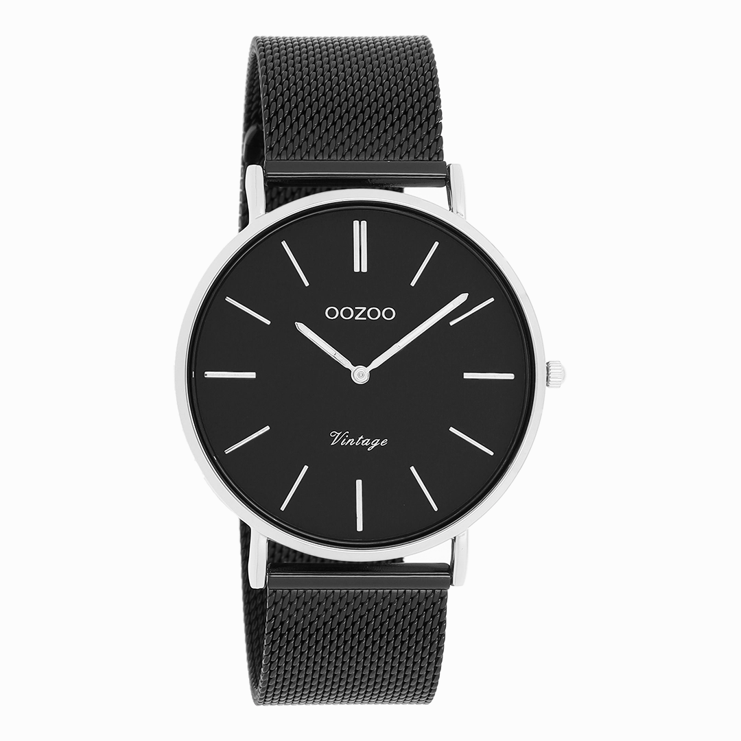 Silver coloured OOZOO watch with black metal mesh bracelet - C8865