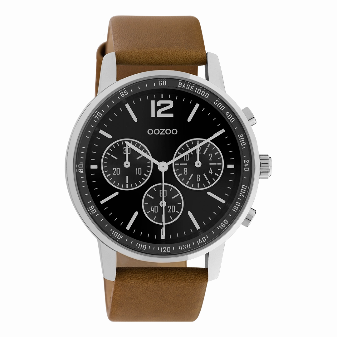 Silver coloured OOZOO watch with brown leather strap - C10812