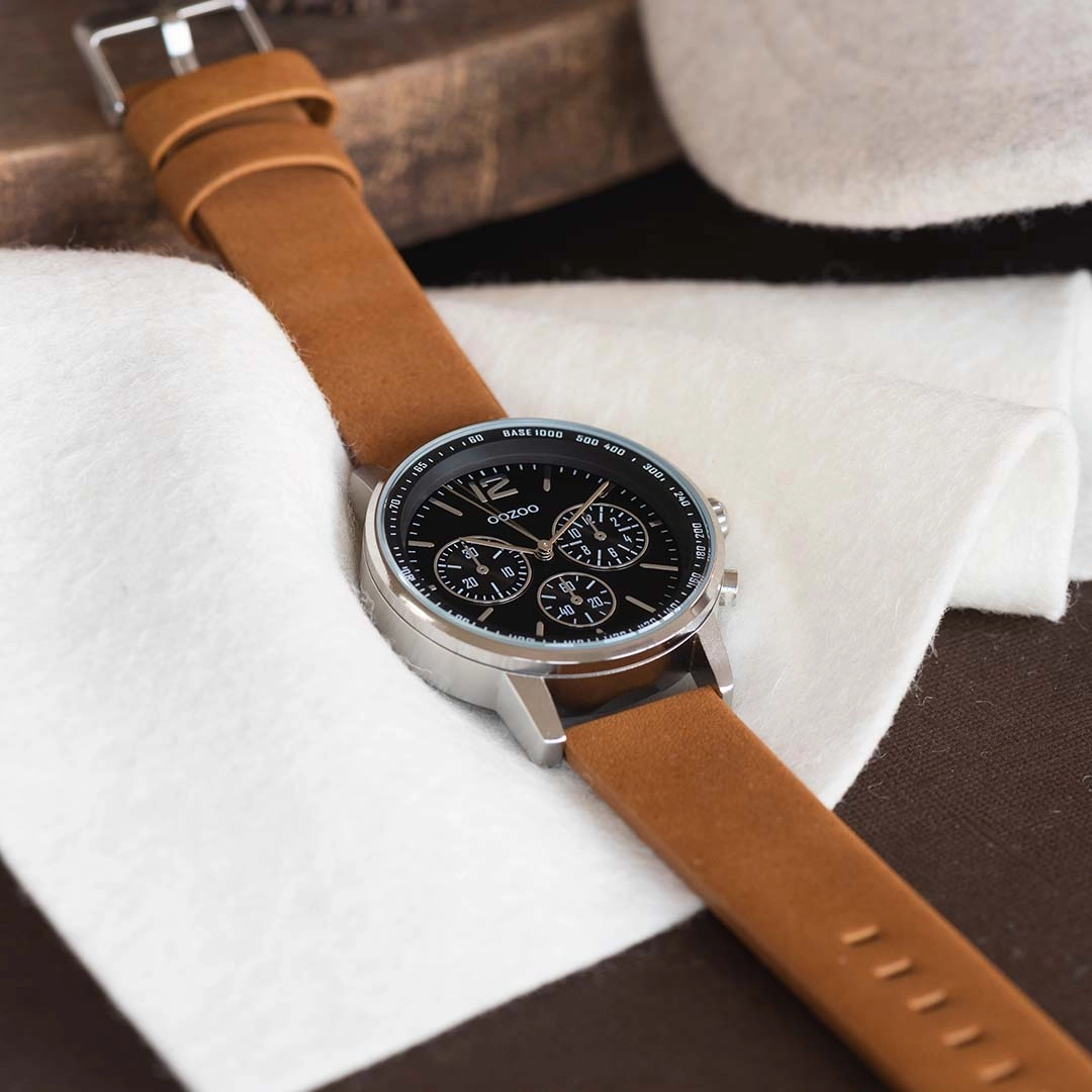 Silver coloured OOZOO watch with brown leather strap - C10812