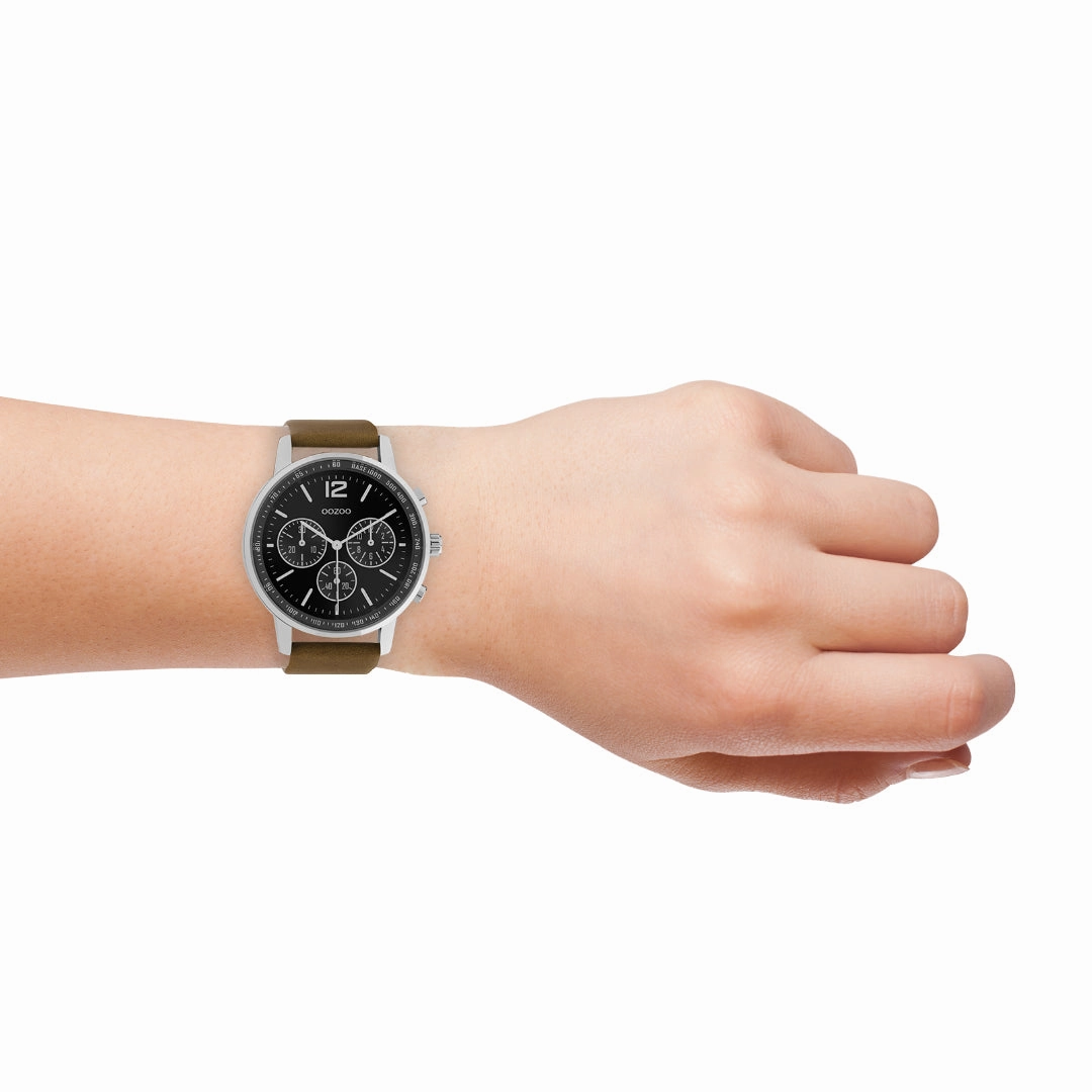 Silver coloured OOZOO watch with brown leather strap - C10812