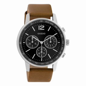 Silver coloured OOZOO watch with brown leather strap - C10812