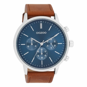 Silver coloured OOZOO watch with brown leather strap - C11200