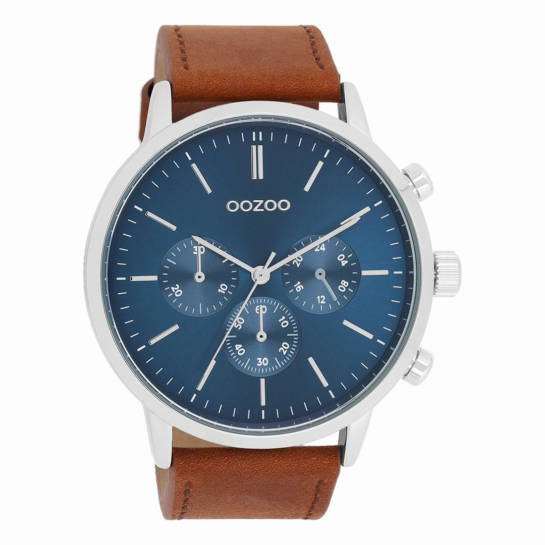 Silver coloured OOZOO watch with brown leather strap - C11200