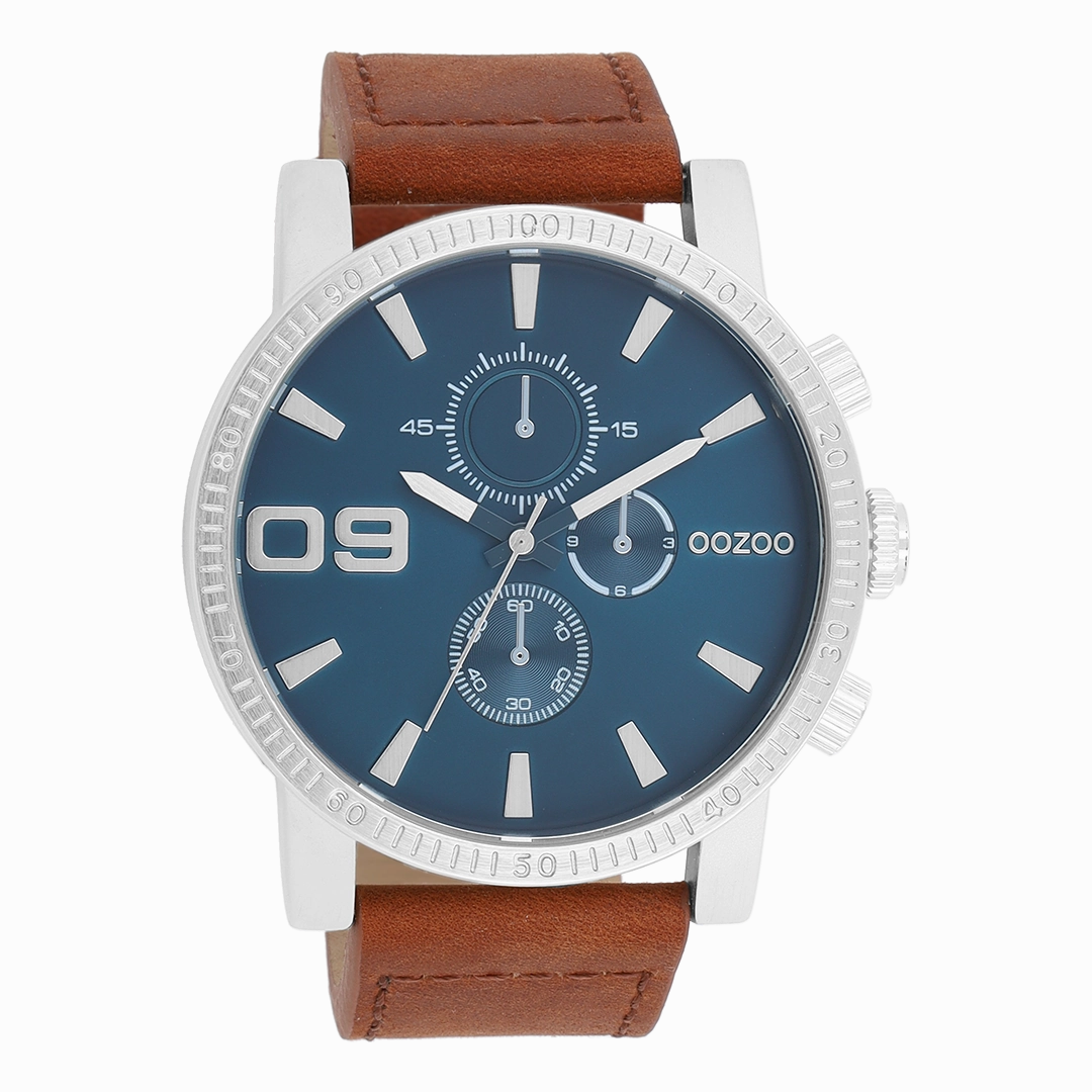 Silver coloured OOZOO watch with brown leather strap - C11210