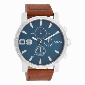 Silver coloured OOZOO watch with brown leather strap - C11210