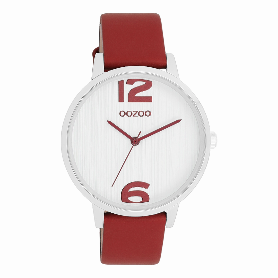 Silver coloured OOZOO watch with dahlia red leather strap - C11237