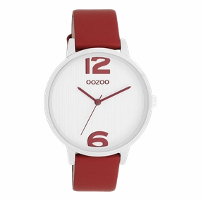 Silver coloured OOZOO watch with dahlia red leather strap - C11237