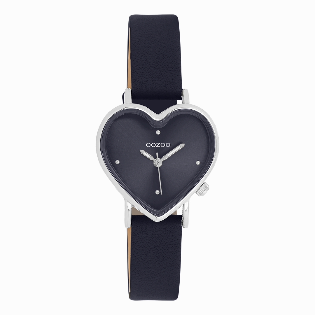 Silver coloured OOZOO watch with dark blue leather strap - C11449