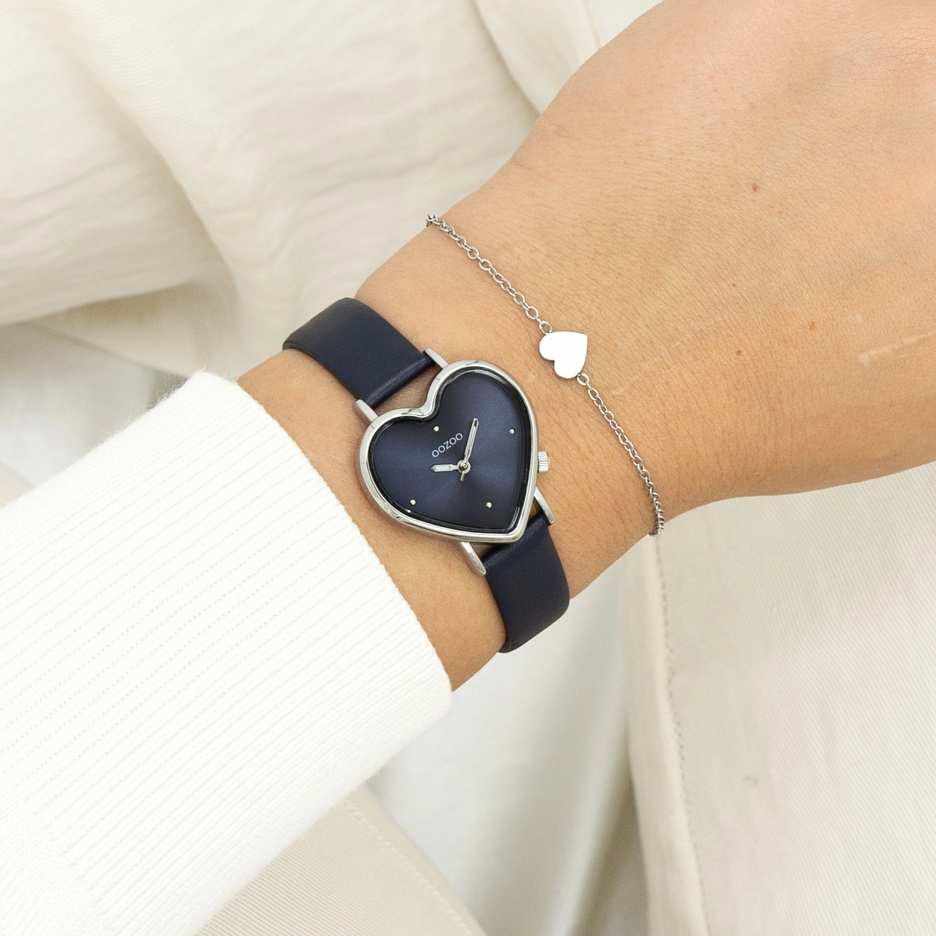 Silver coloured OOZOO watch with dark blue leather strap - C11449
