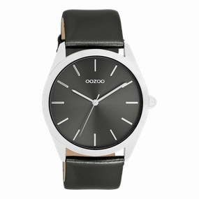 Silver coloured OOZOO watch with dark grey leather strap - C11338