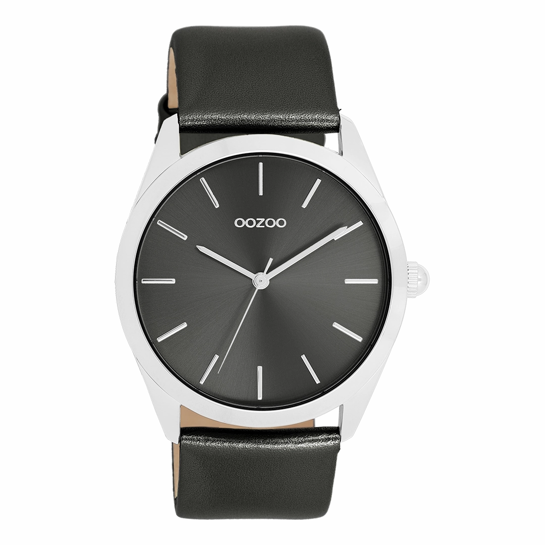 Silver coloured OOZOO watch with dark grey leather strap - C11338