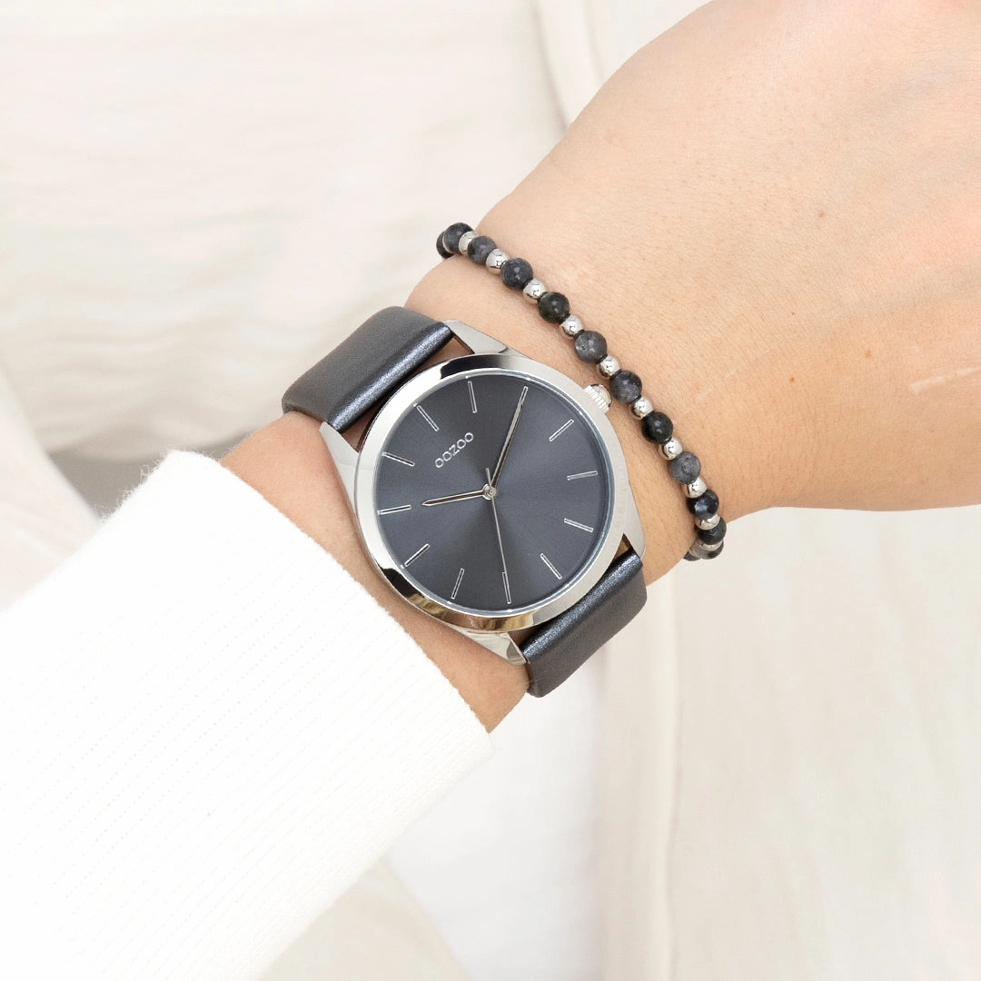 Silver coloured OOZOO watch with dark grey leather strap - C11338