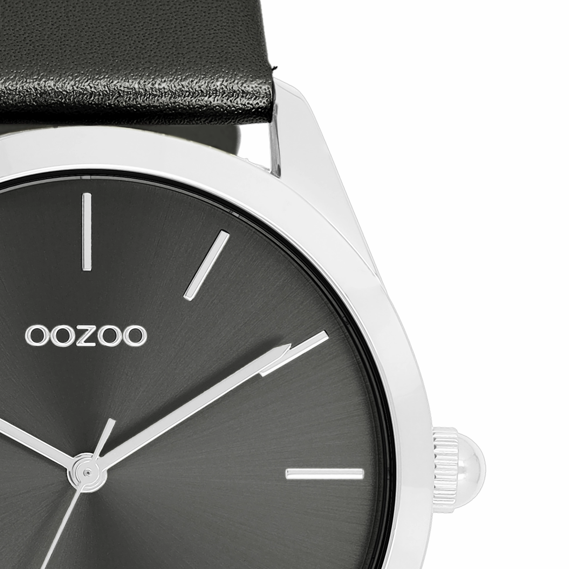 Silver coloured OOZOO watch with dark grey leather strap - C11338