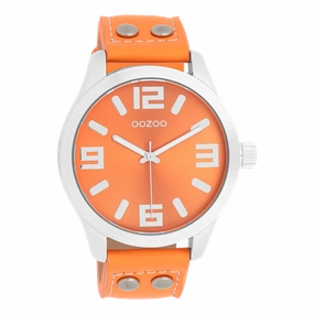 Silver coloured OOZOO watch with fluo orange leather strap - C1072
