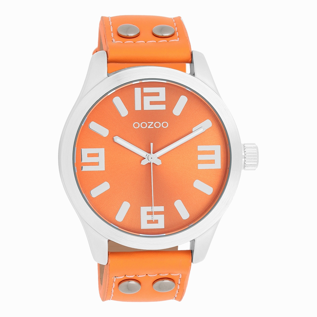 Silver coloured OOZOO watch with fluo orange leather strap - C1072