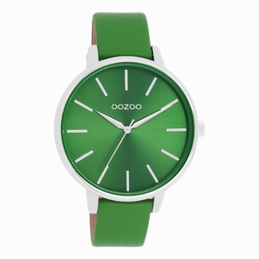 Silver coloured OOZOO watch with green leather strap - C11297