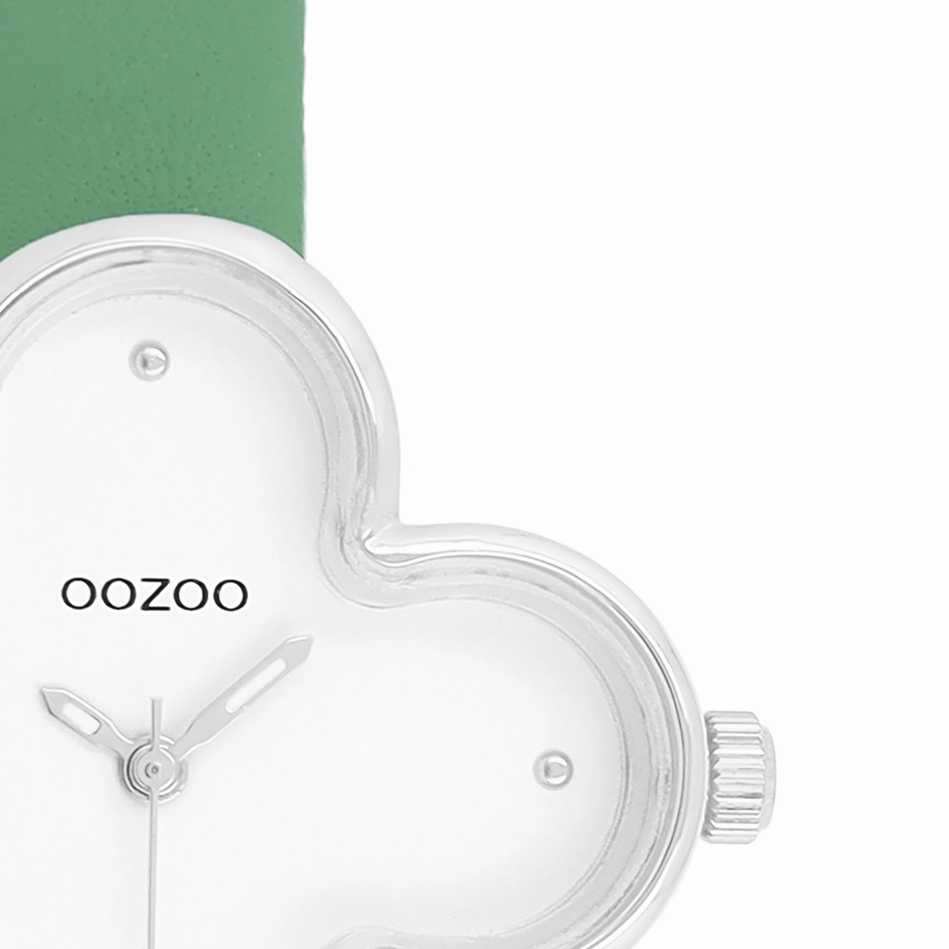 Silver coloured OOZOO watch with green leather strap - C11523