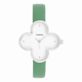 Silver coloured OOZOO watch with green leather strap - C11523