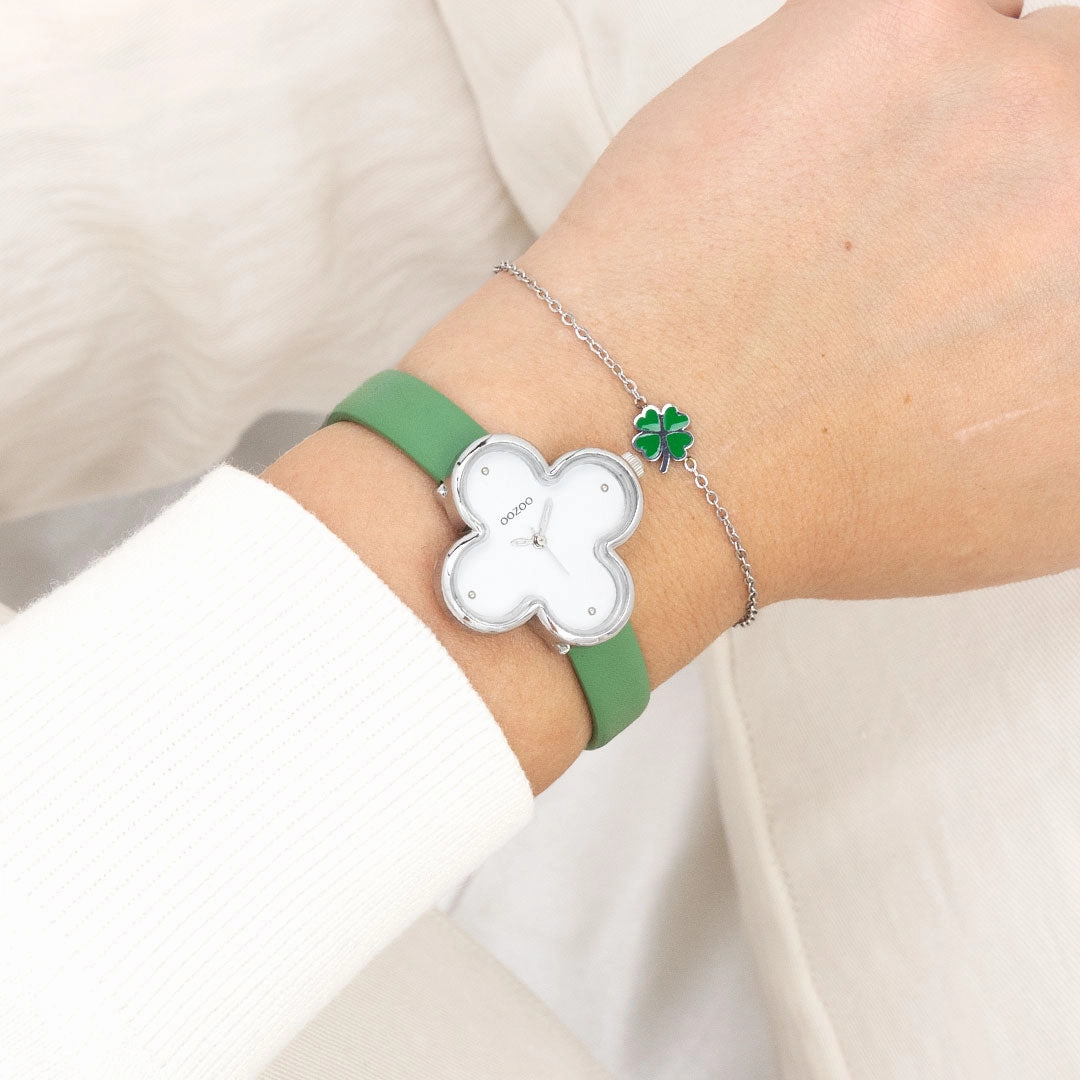 Silver coloured OOZOO watch with green leather strap - C11523