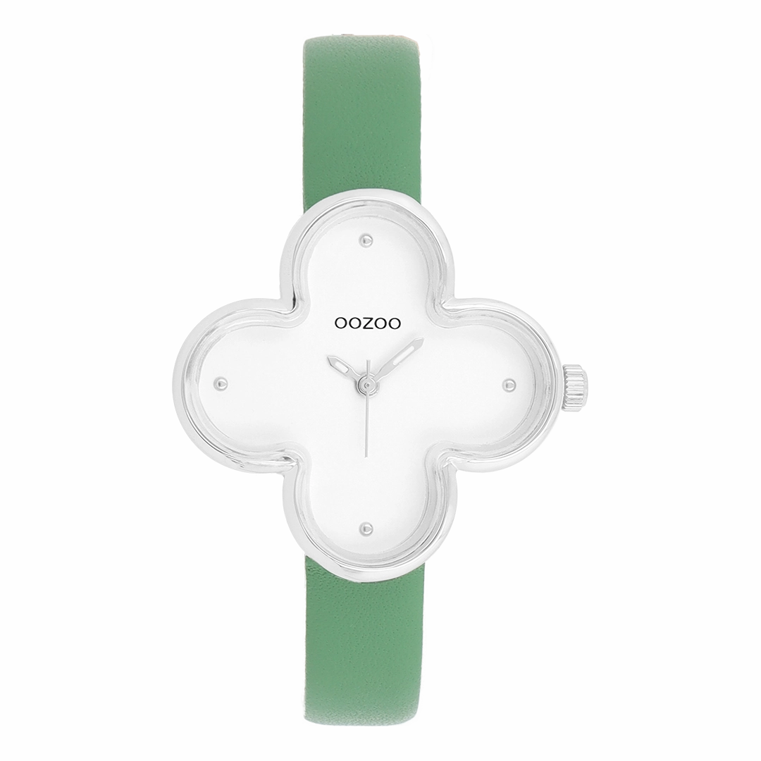 Silver coloured OOZOO watch with green leather strap - C11523