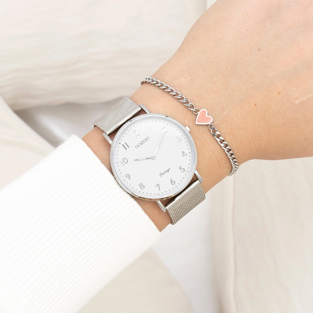 Silver coloured OOZOO watch with metal mesh bracelet - C20340