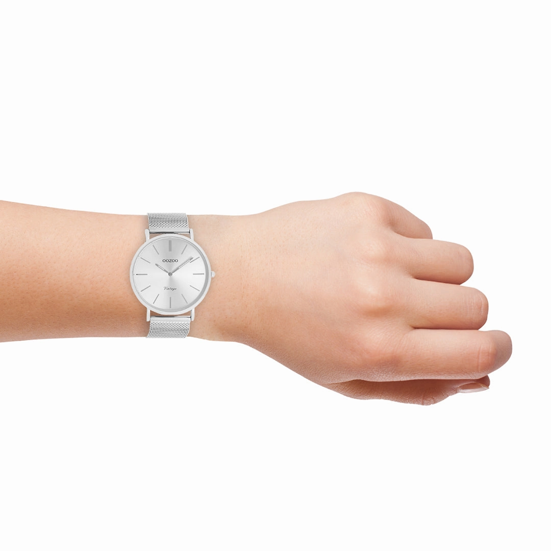Silver coloured OOZOO watch with metal mesh bracelet - C9905