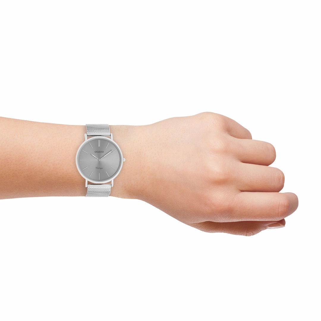 Silver coloured OOZOO watch with metal mesh bracelet - C9937