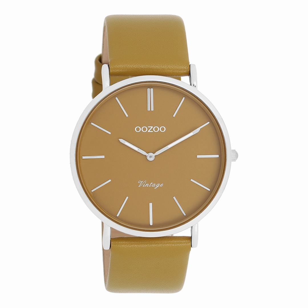 Silver coloured OOZOO watch with olive leather strap - C20326