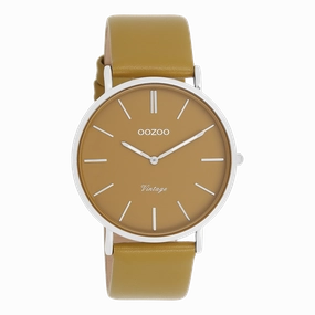 Silver coloured OOZOO watch with olive leather strap - C20326