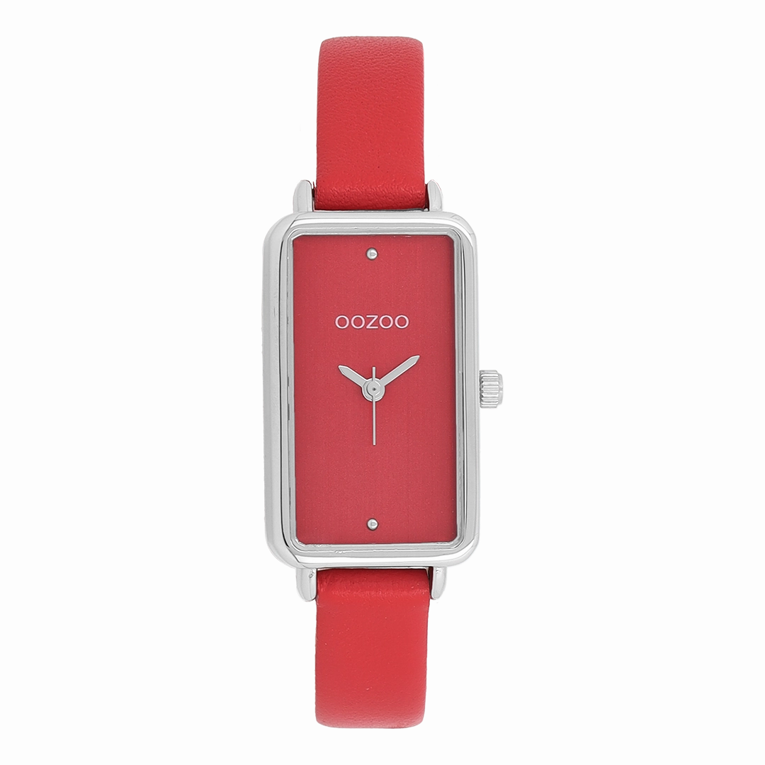 Silver coloured OOZOO watch with red leather strap - C11532