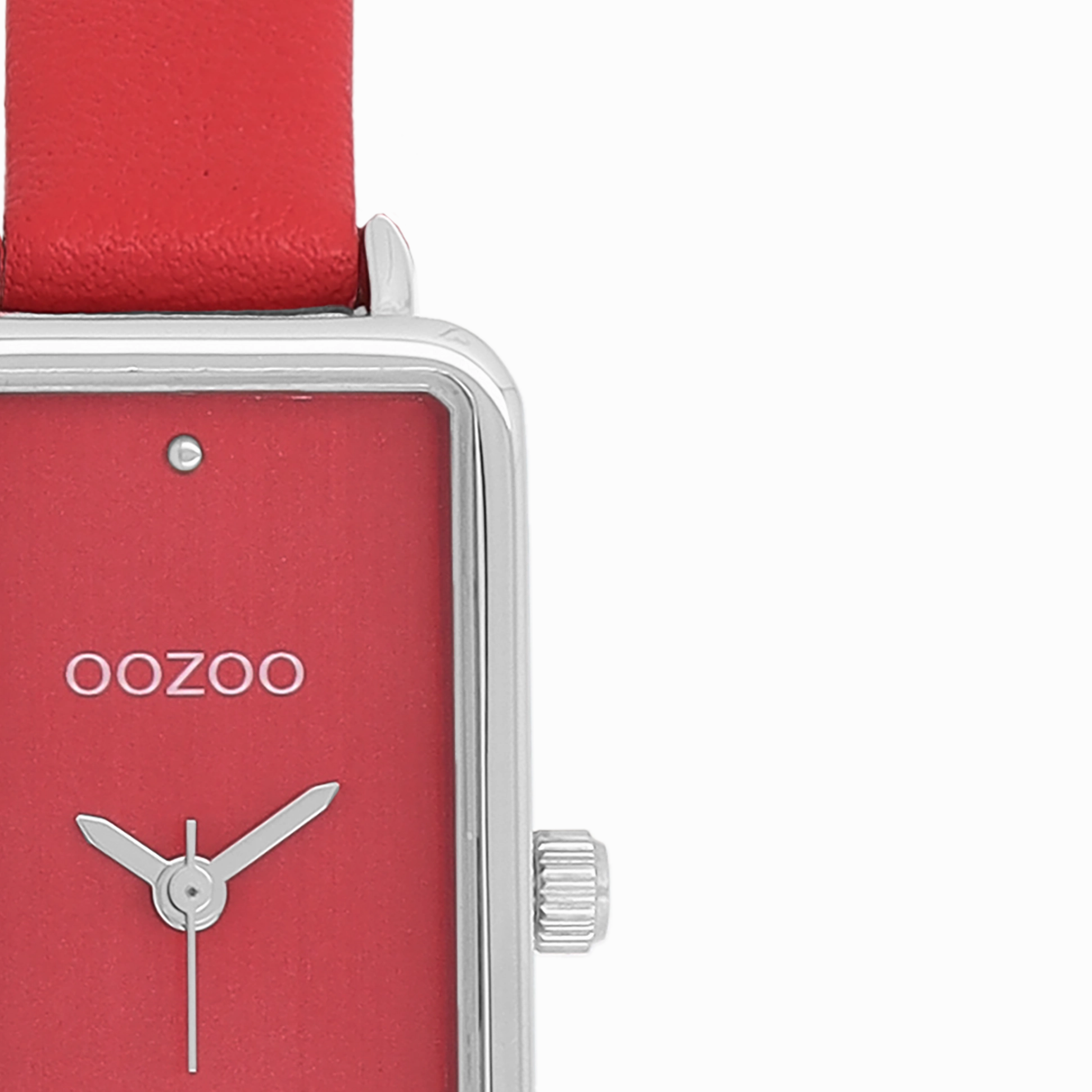 Silver coloured OOZOO watch with red leather strap - C11532