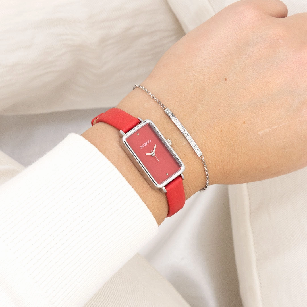 Silver coloured OOZOO watch with red leather strap - C11532