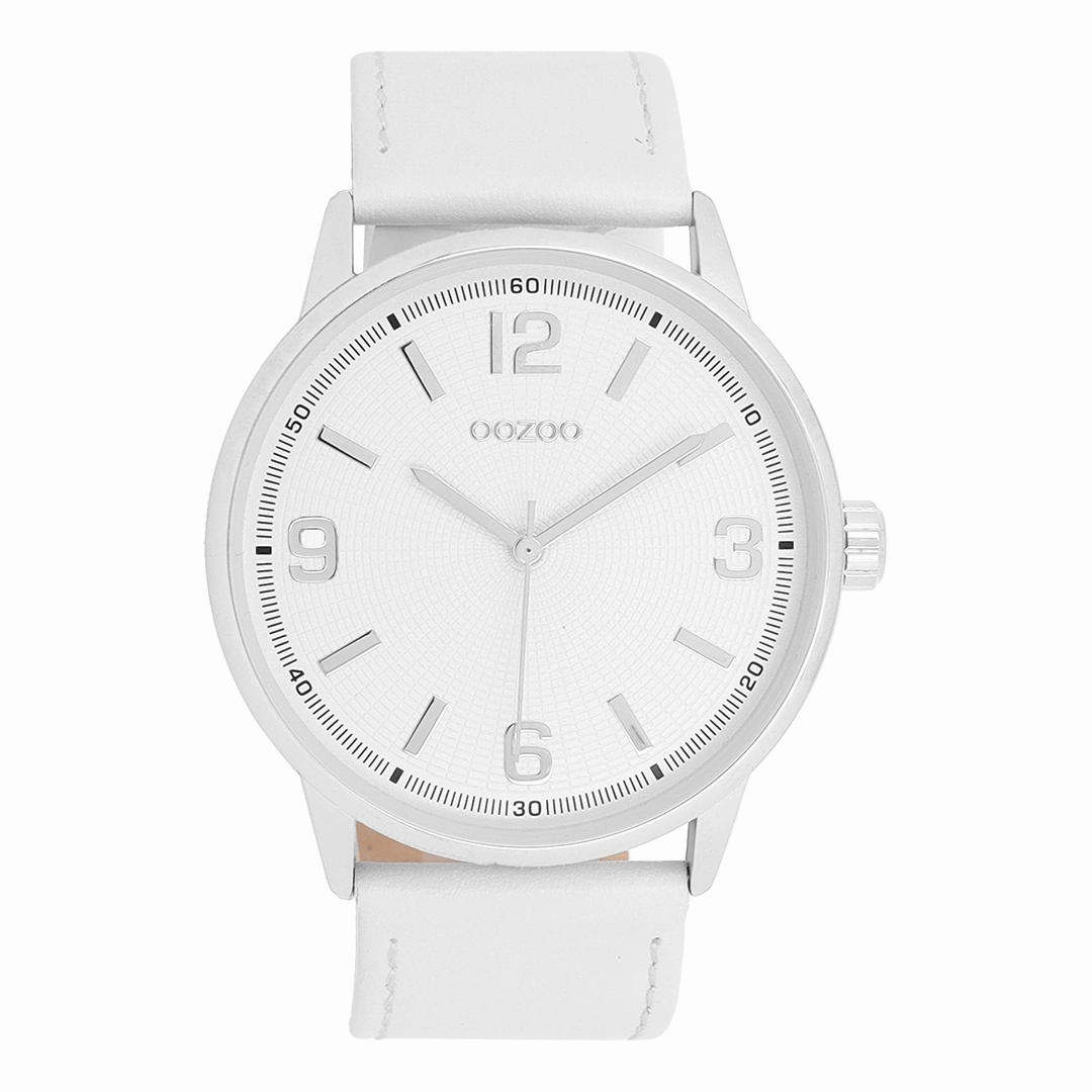 Silver coloured OOZOO watch with white leather strap - C11500