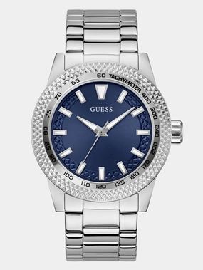 Silver-Tone and Blue Analog Watch