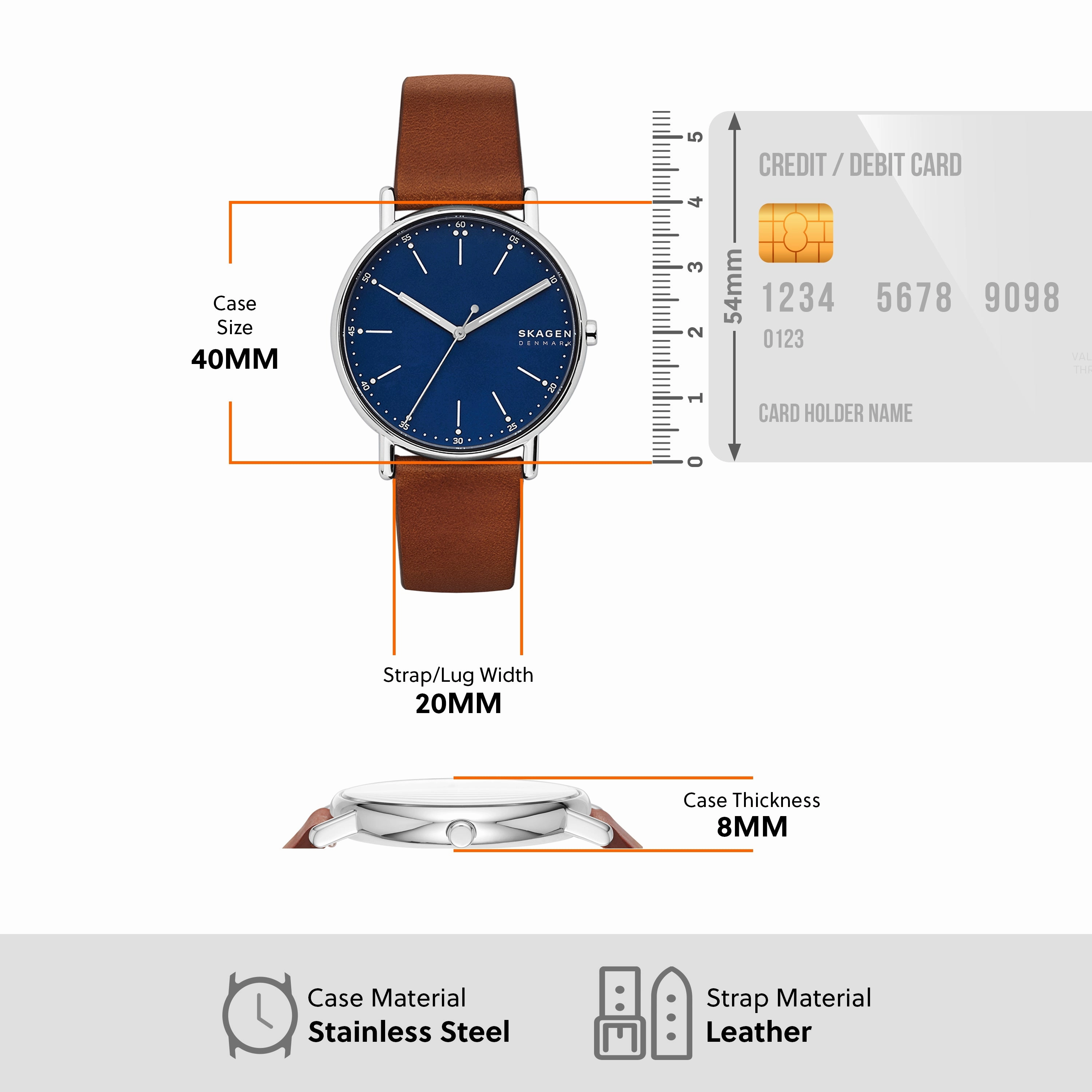 Skagen Signatur Men's Blue Dial Watch with Brown Leather Strap SKW6355