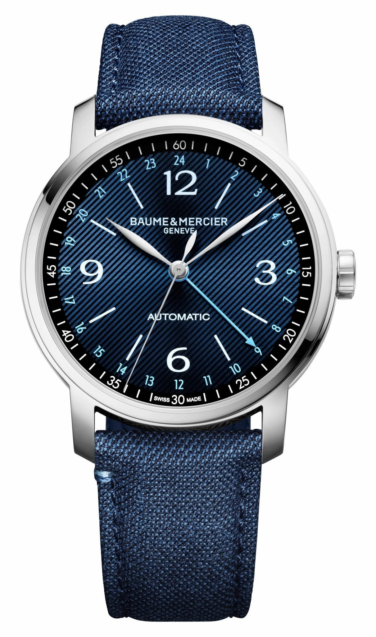 Special Edition Baume & Mercier Classima Automatic GMT Stainless Steel Blue Dial Blue Fabric Interchangeable Black Leather Strap Mens Watch M0A10734