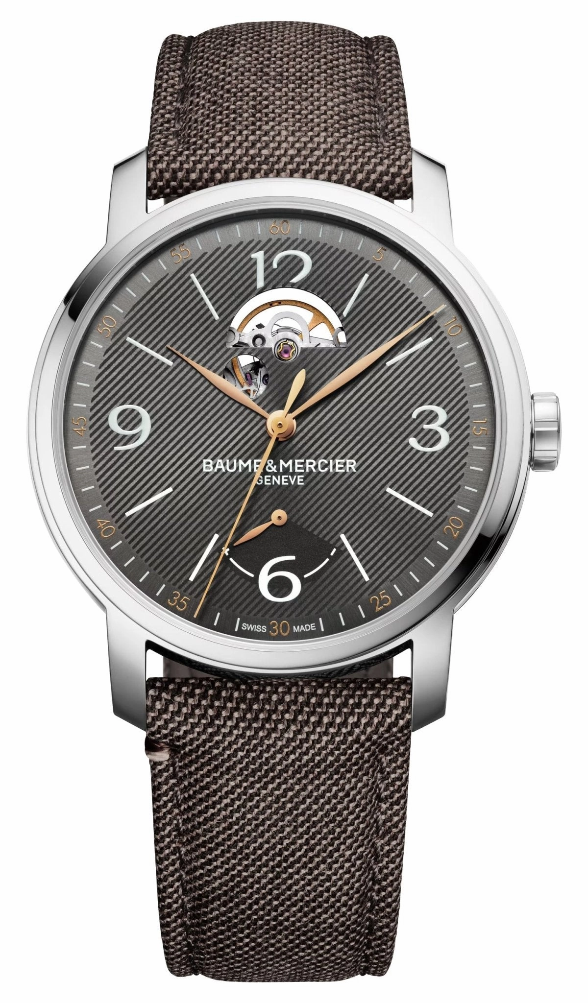 Special Edition Baume & Mercier Classima Power Reserve Automatic Stainless Steel Gray Dial Brown Fabric Interchangeable Black Leather Strap Mens Watch M0A10718