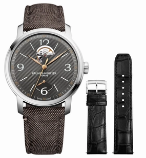 Special Edition Baume & Mercier Classima Power Reserve Automatic Stainless Steel Gray Dial Brown Fabric Interchangeable Black Leather Strap Mens Watch M0A10718