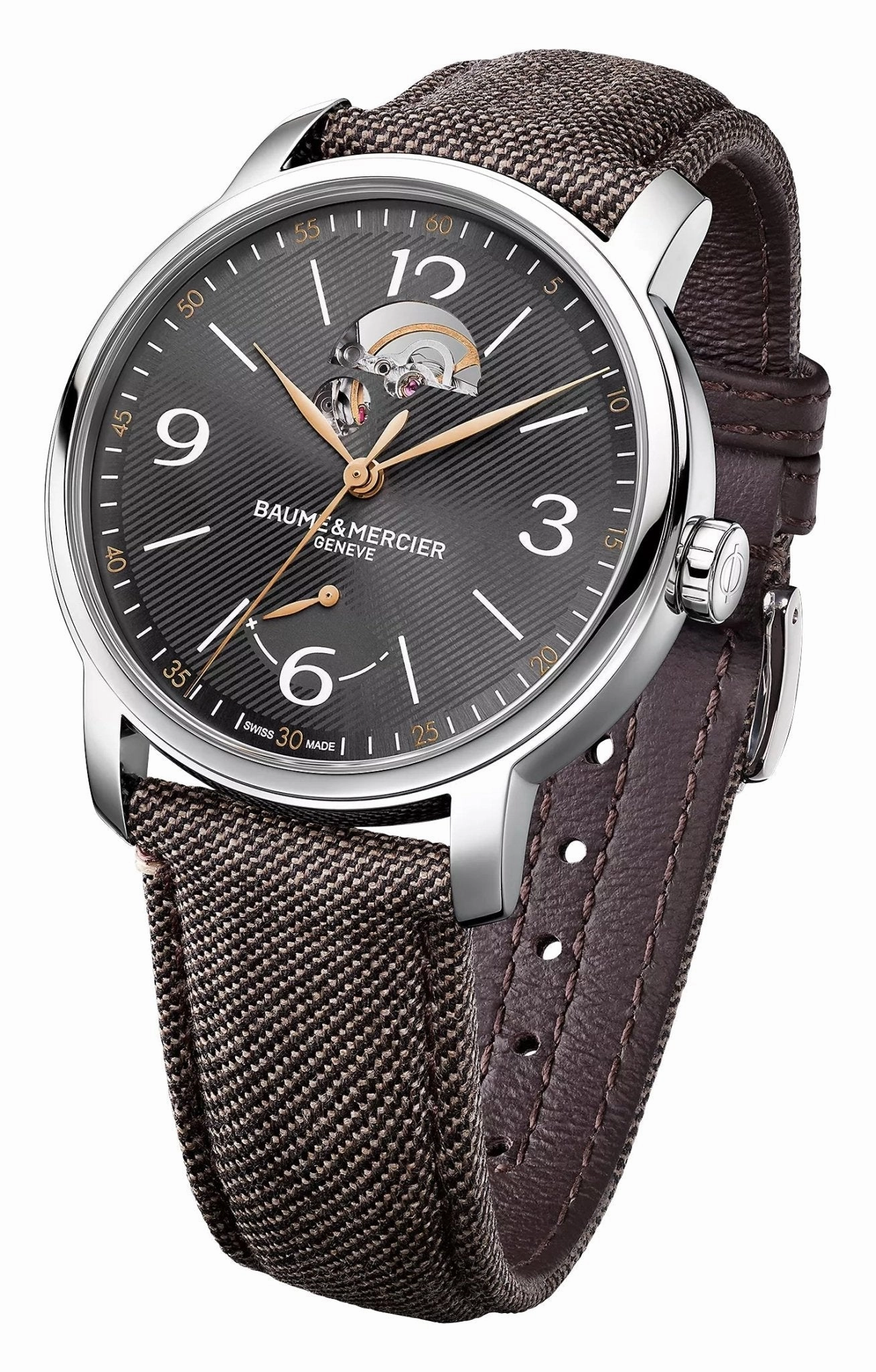 Special Edition Baume & Mercier Classima Power Reserve Automatic Stainless Steel Gray Dial Brown Fabric Interchangeable Black Leather Strap Mens Watch M0A10718