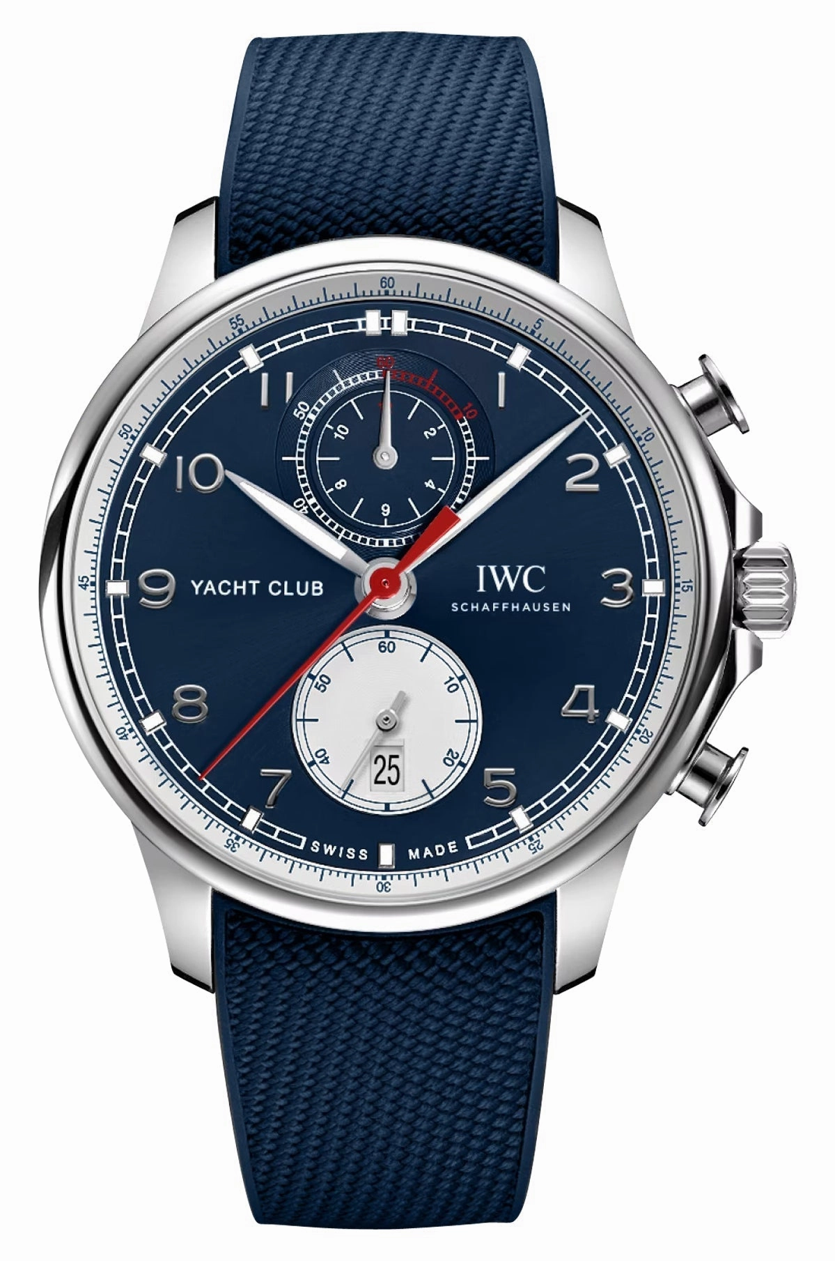 Special Edition IWC Portugieser Yacht Club "Orlebar Brown" Automatic Flyback Chronograph Stainless Steel Blue Dial Blue Rubber Strap Date Mens Watch IW390704